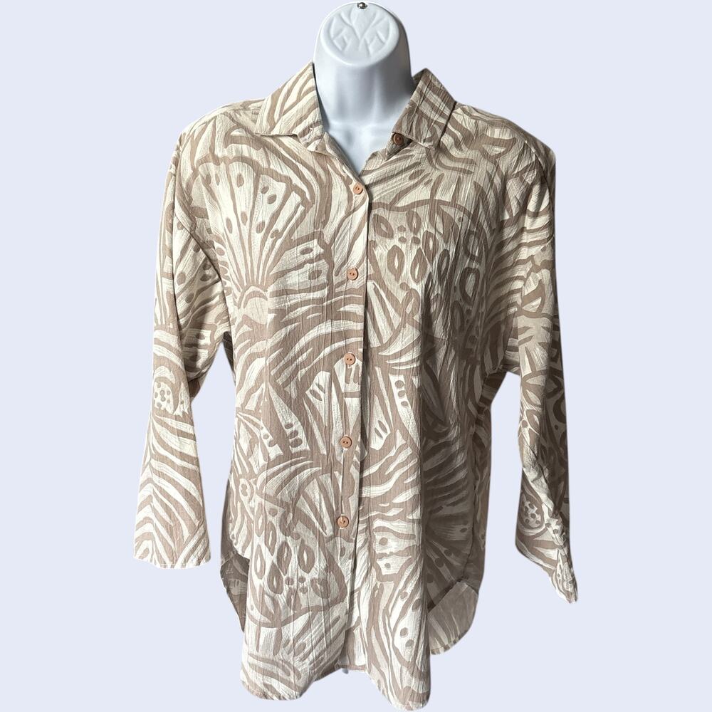 Carmelton Vintage Boho Blouse - Beige Abstract Print Relaxed Fit 80s 90s M